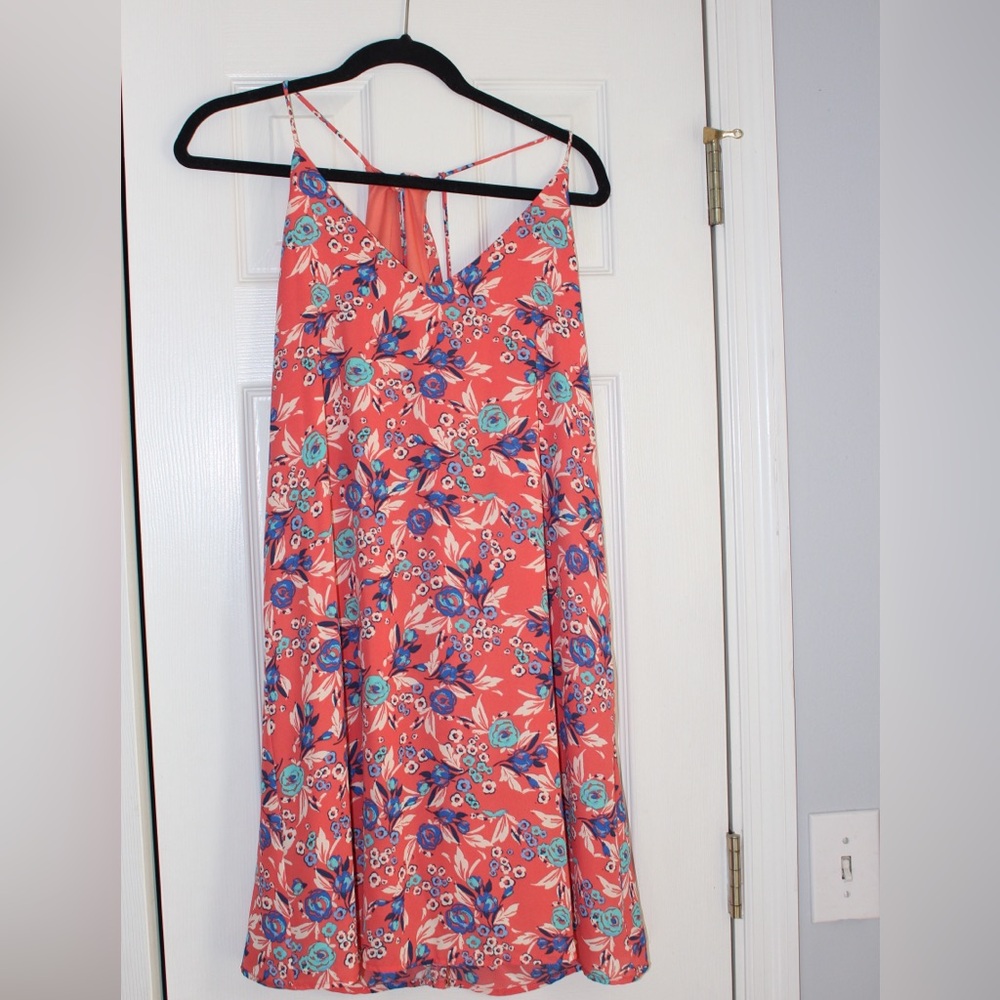 Everly Coral Floral Dress with Blue & Teal Blossoms